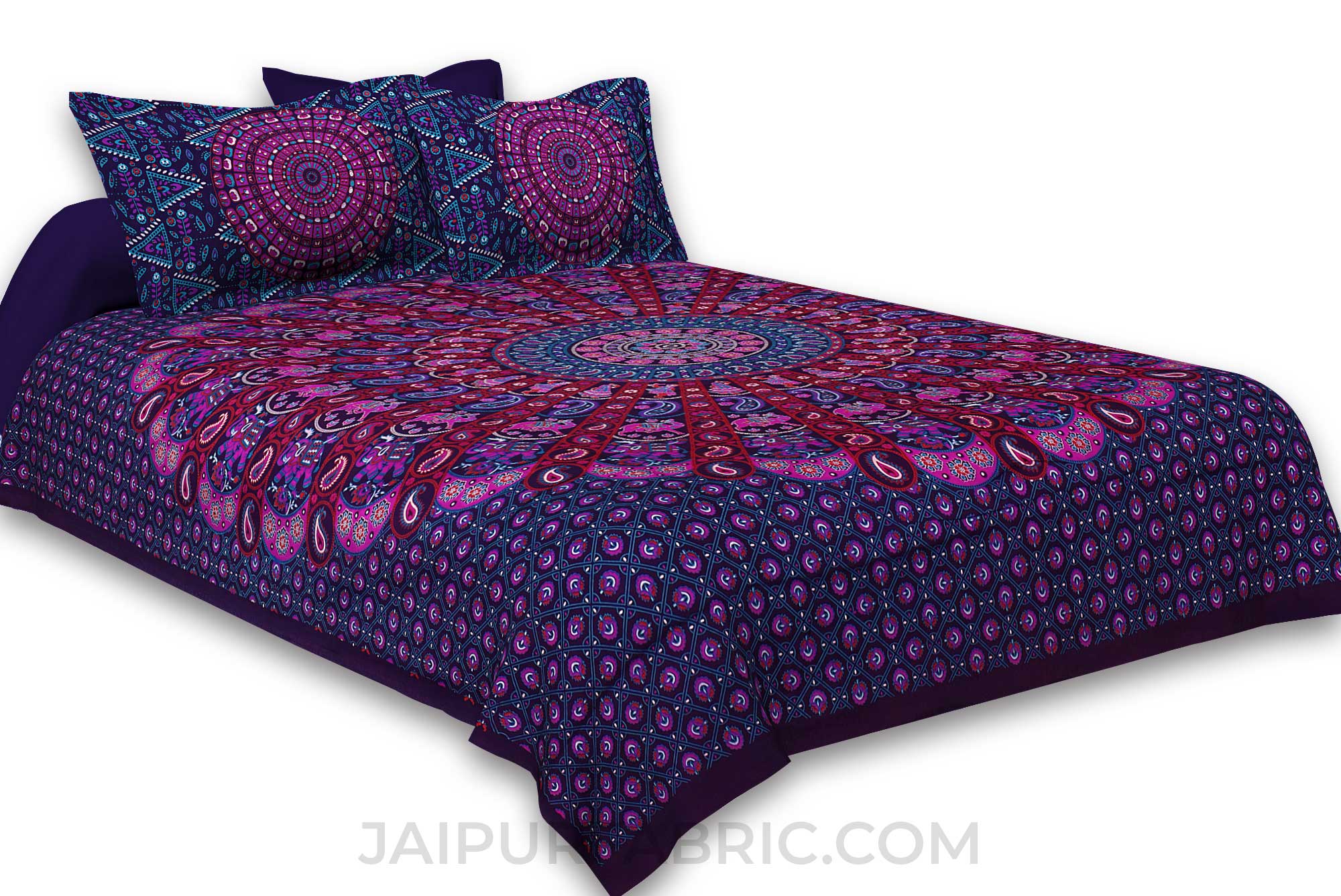Pure Cotton Purple Mandala Traditional King Size Double Bedsheet with 2 Pillow Cover