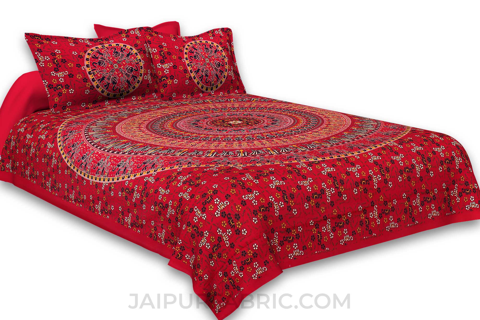 Pure Cotton Red Mandala Traditional Animal Print King Size Double Bedsheet with 2 Pillow Cover