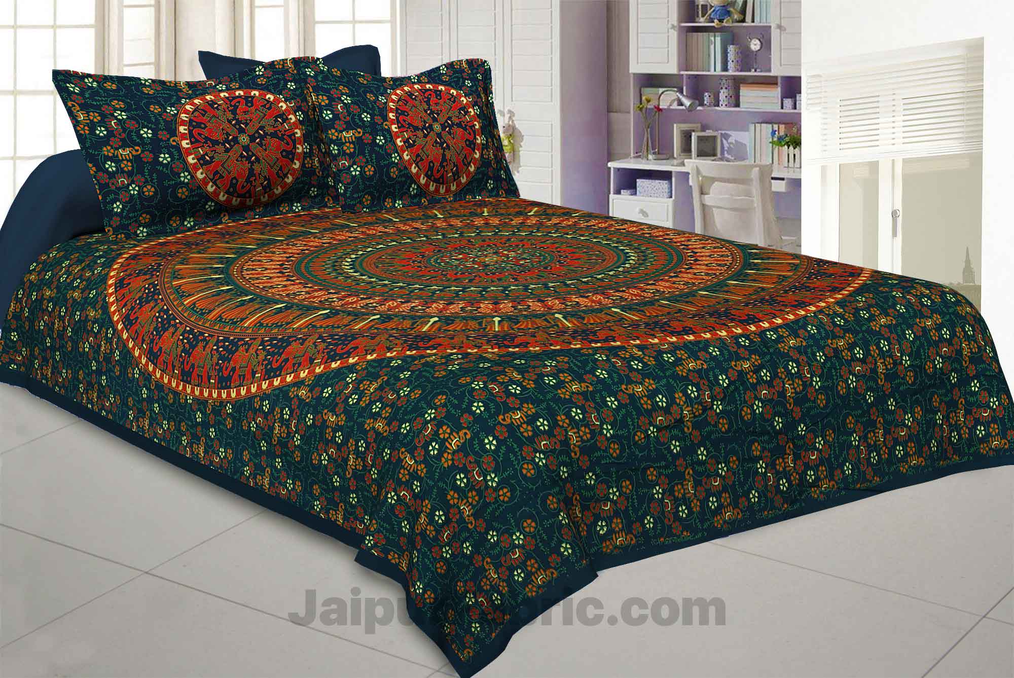 Pure Cotton Green Mandala Traditional Animal Print King Size Double Bedsheet with 2 Pillow Cover