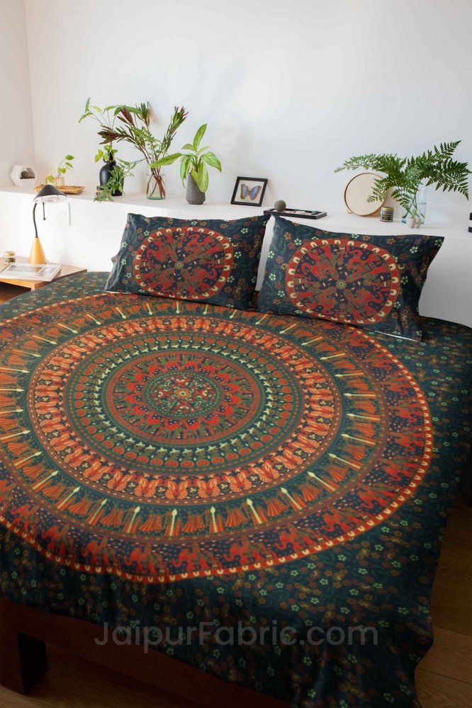 Pure Cotton Green Mandala Traditional Animal Print King Size Double Bedsheet with 2 Pillow Cover