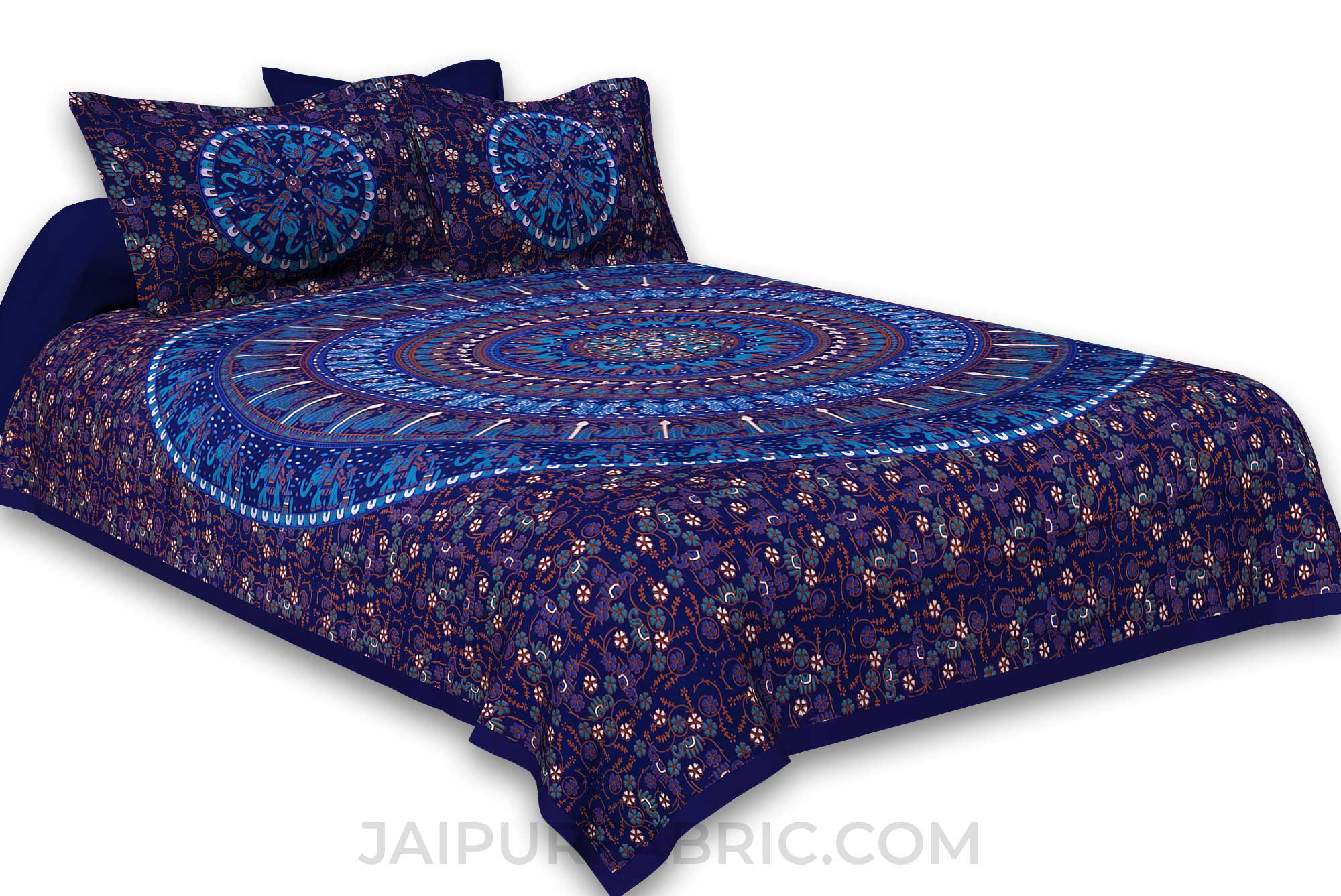 Pure Cotton Blue Mandala Traditional Animal Print King Size Double Bedsheet with 2 Pillow Cover