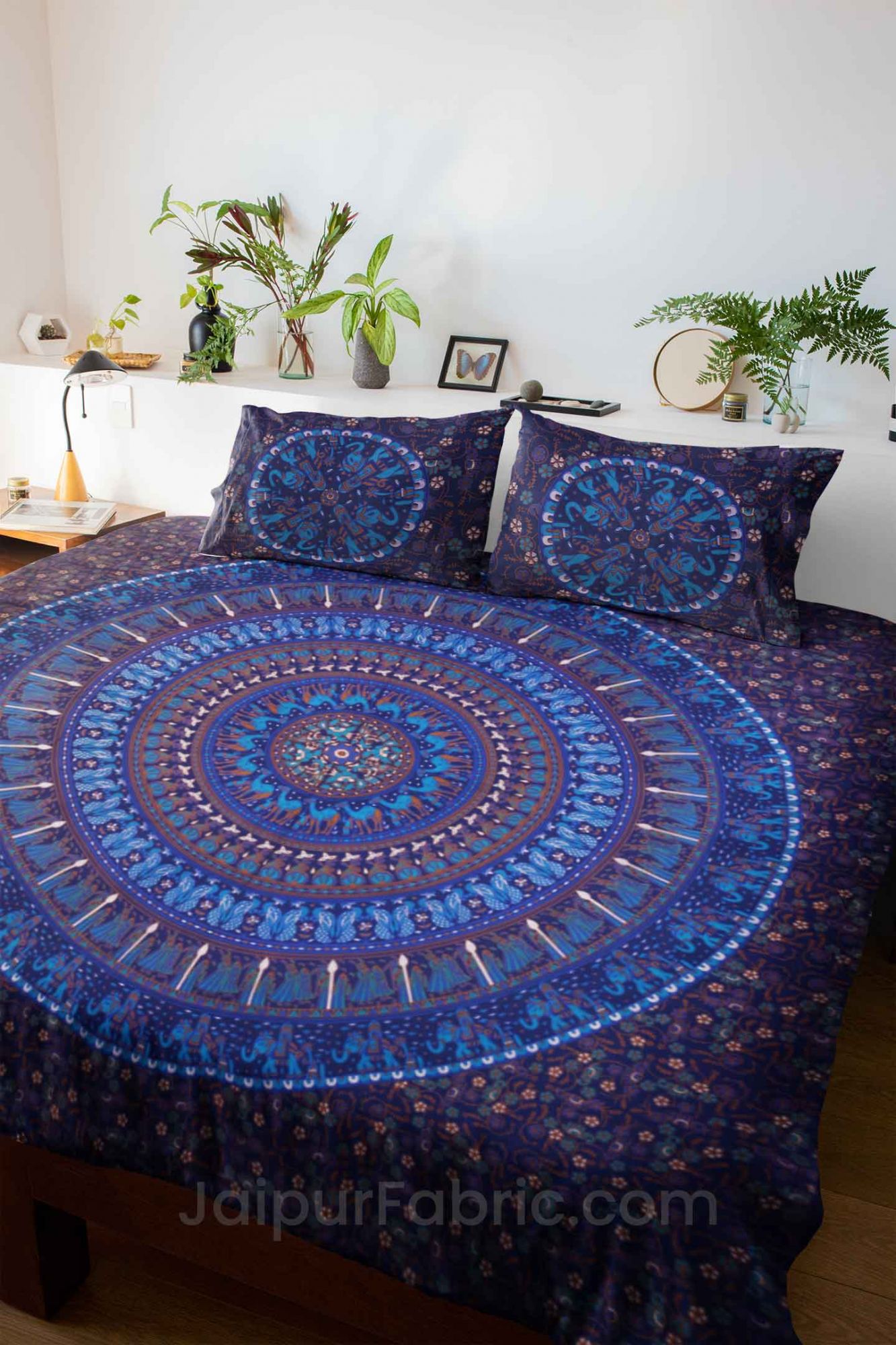 Pure Cotton Blue Mandala Traditional Animal Print King Size Double Bedsheet with 2 Pillow Cover