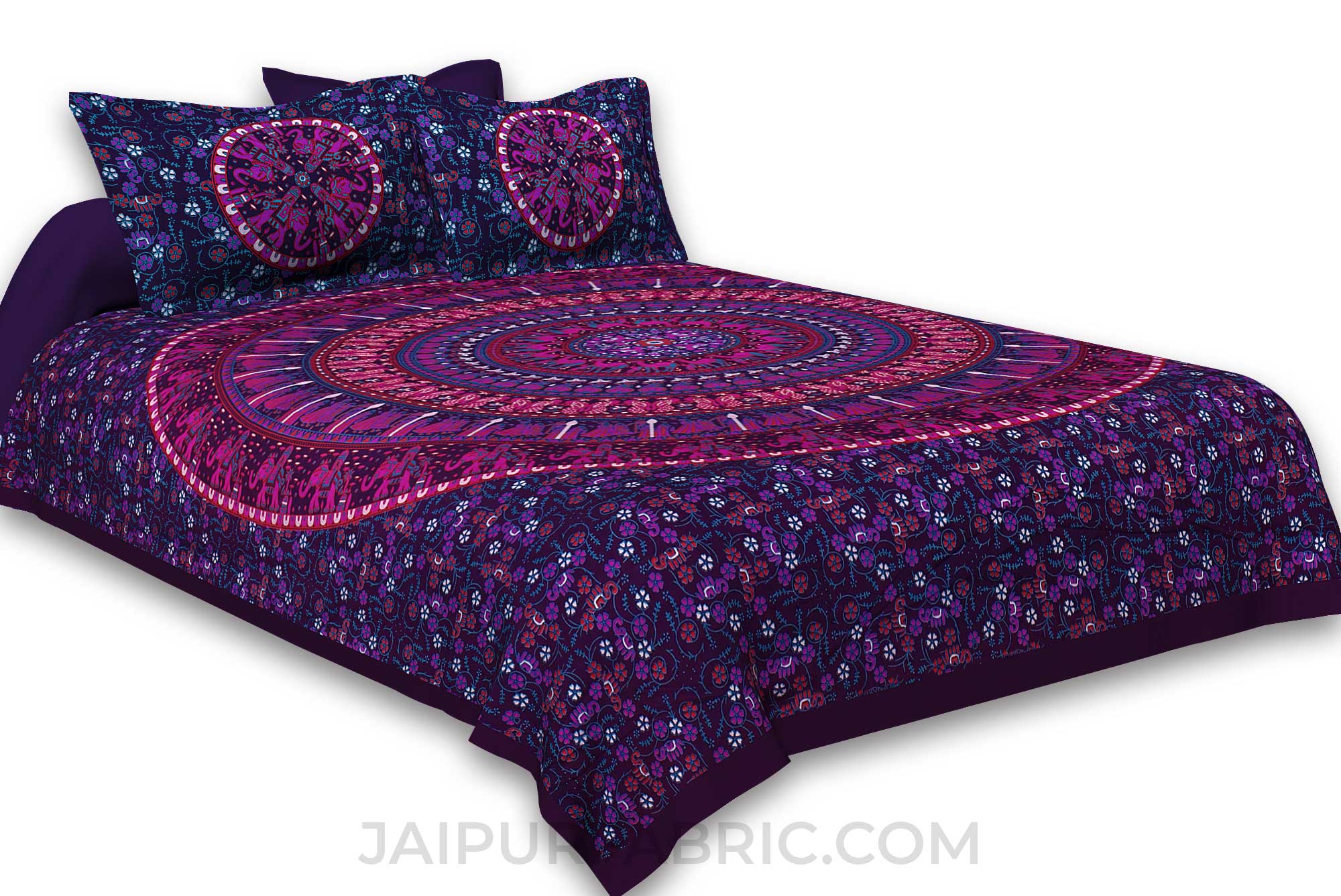 Pure Cotton Purple Mandala Traditional Animal Print King Size Double Bedsheet with 2 Pillow Cover