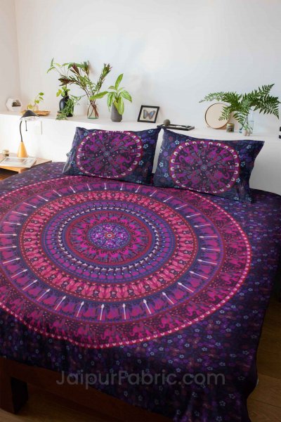 Pure Cotton Purple Mandala Traditional Animal Print King Size Double Bedsheet with 2 Pillow Cover