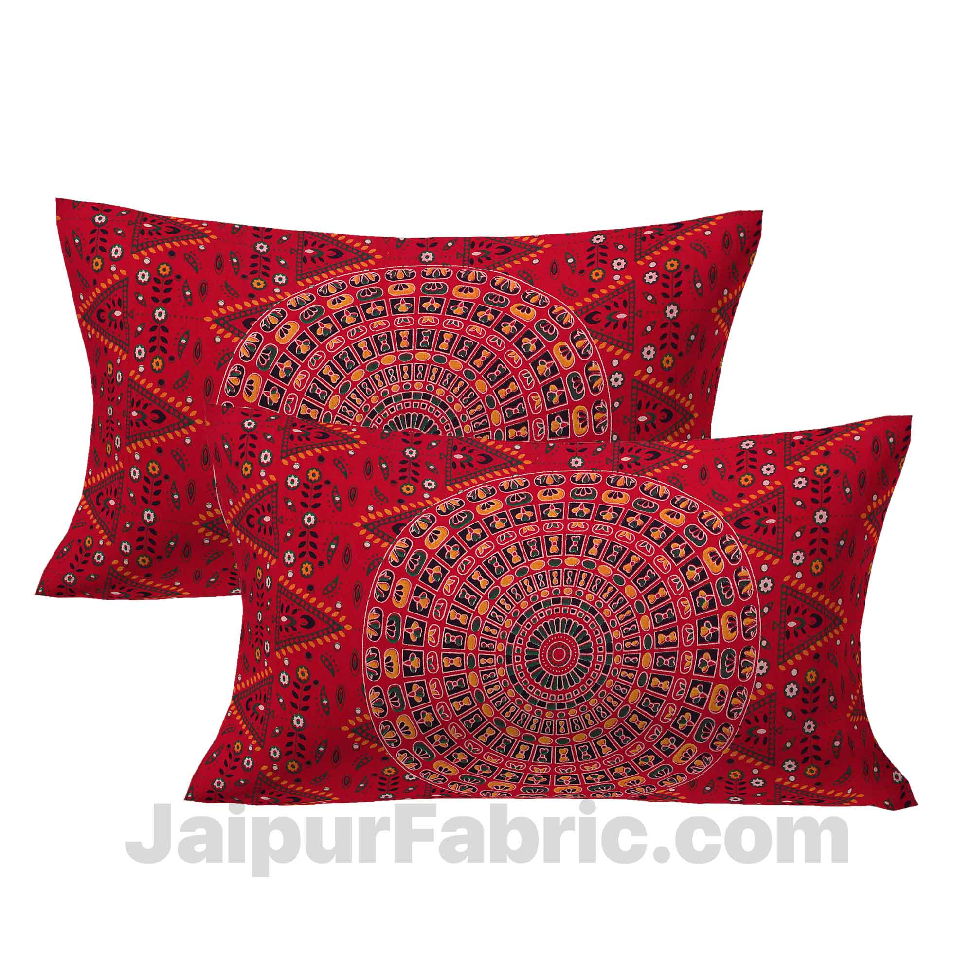 Pure Cotton Red Mandala Zig Zag Print King Size Double Bedsheet With 2 Pillow Covers