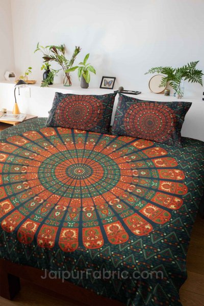Pure Cotton Green Mandala Zig Zag Print King Size Double Bedsheet With 2 Pillow Covers