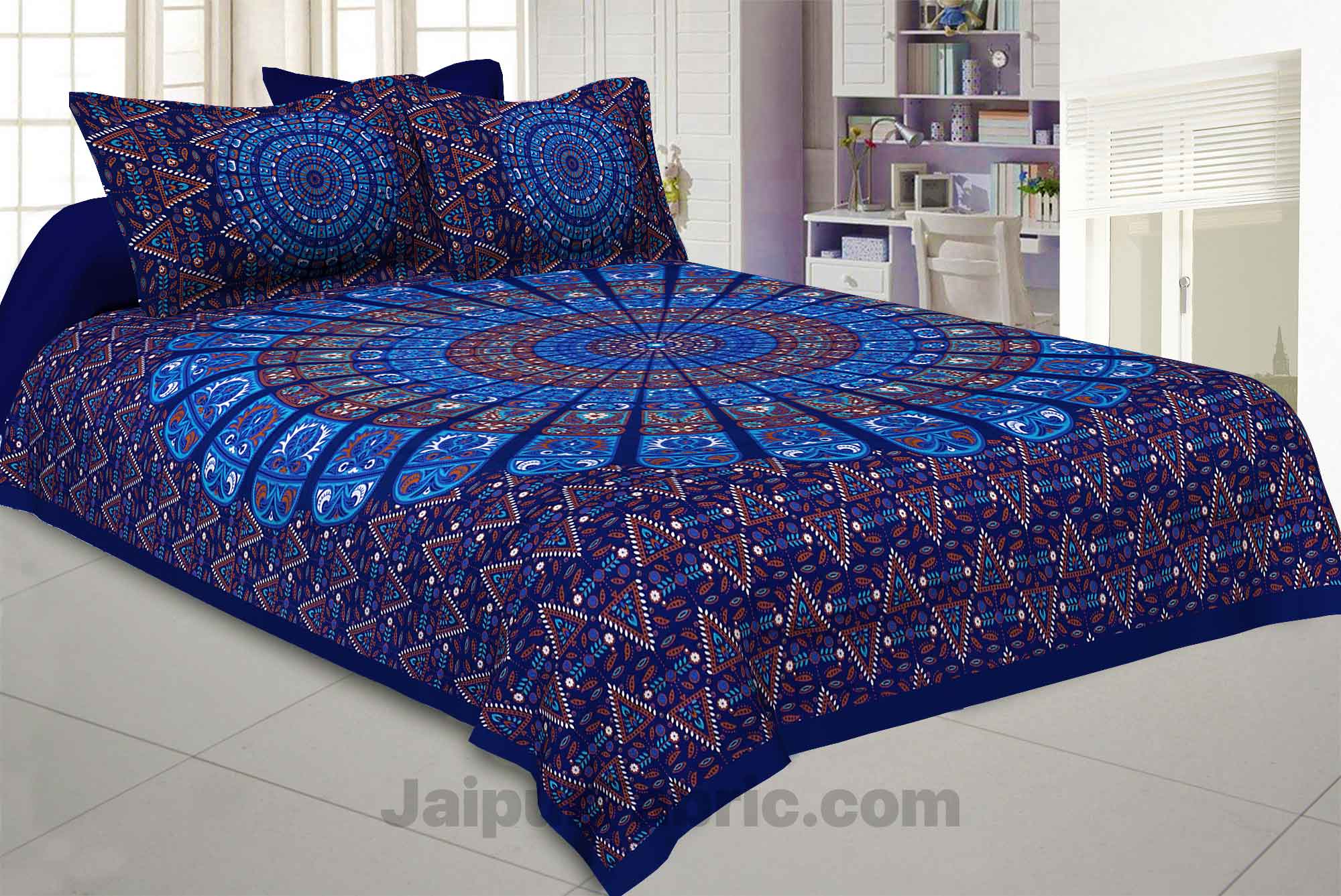 Pure Cotton Blue Mandala Zig Zag Print King Size Double Bedsheet With 2 Pillow Covers