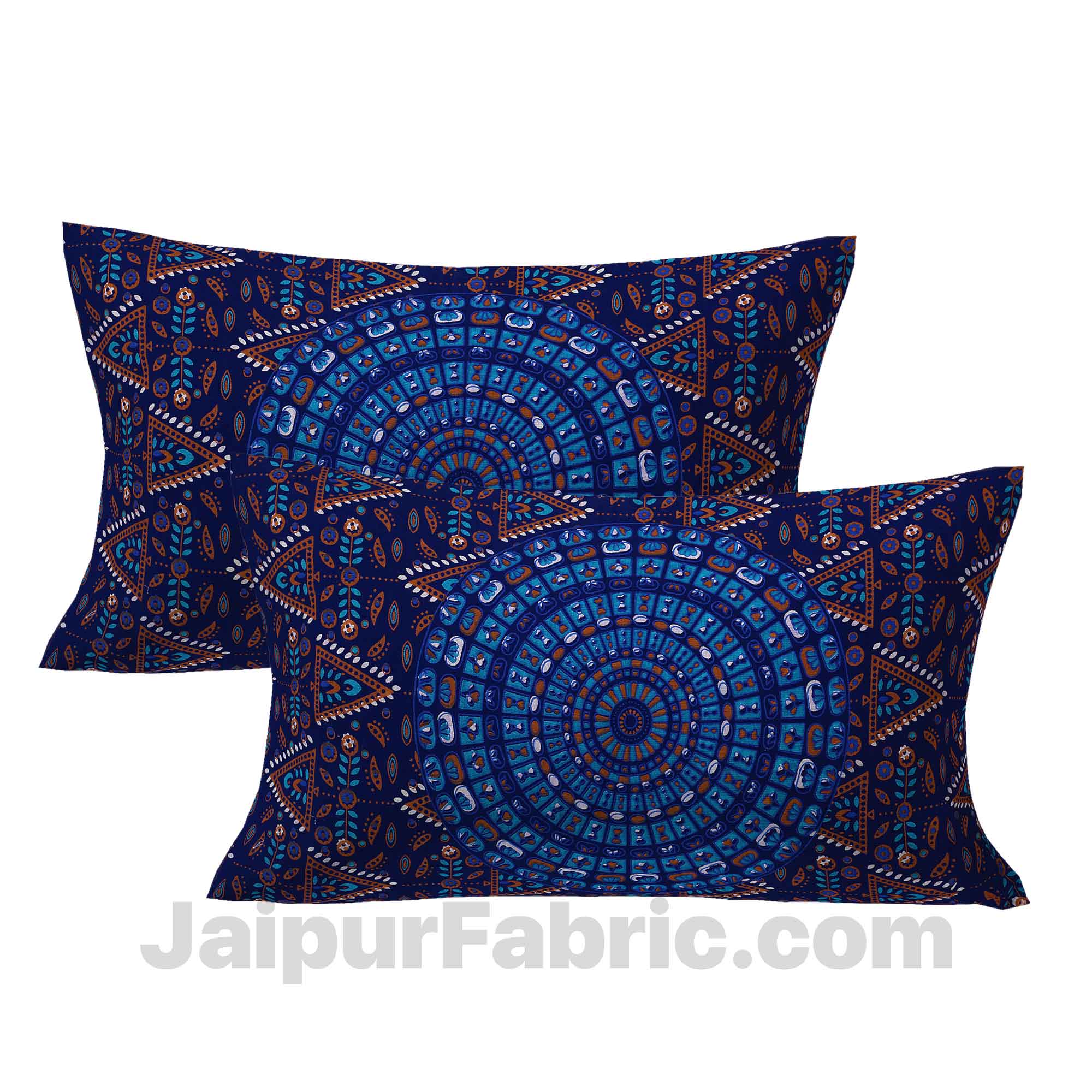 Pure Cotton Blue Mandala Zig Zag Print King Size Double Bedsheet With 2 Pillow Covers