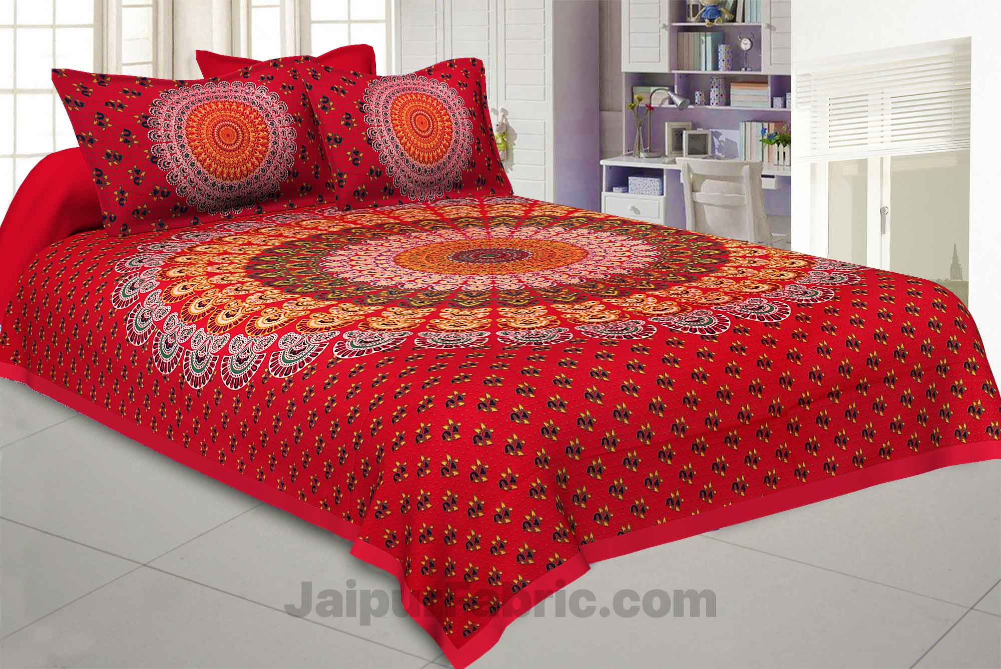 Indian 120TC 100% Cotton King Size Jaipuri Floral Mandala Print Double Bedsheet 