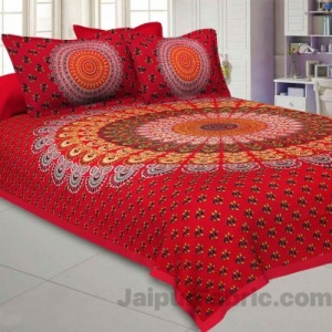 Pure Cotton Red Mandala Tapestry Floral Print King Size Double Bedsheet With 2 Pillow Covers