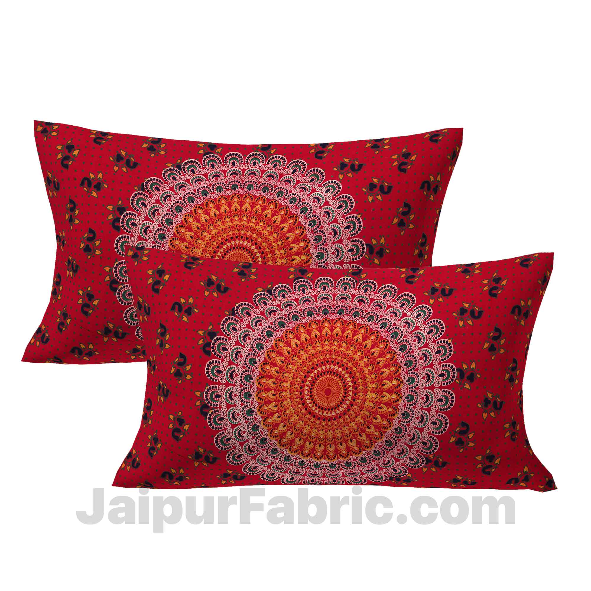 Pure Cotton Red Mandala Tapestry Floral Print King Size Double Bedsheet With 2 Pillow Covers