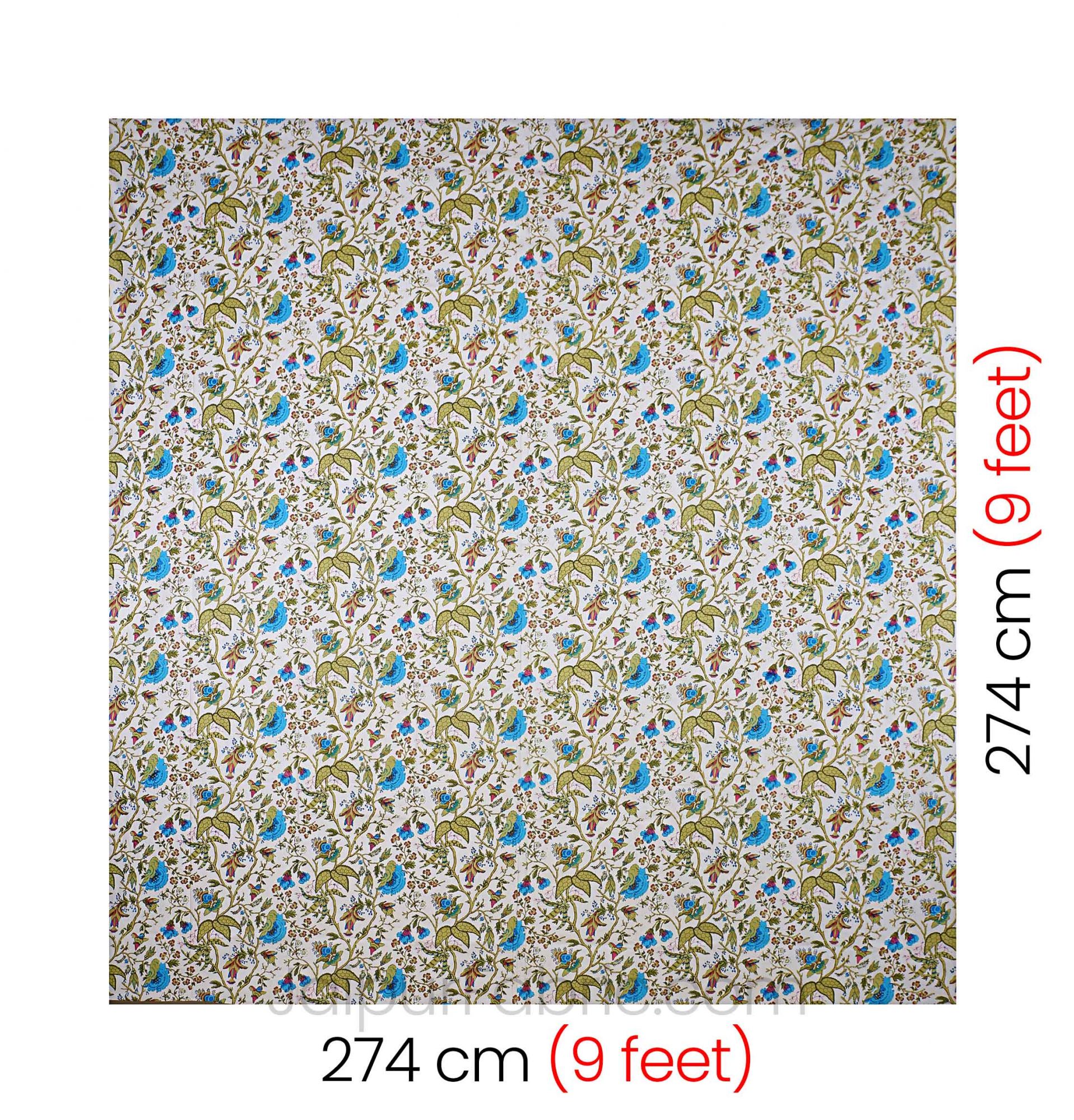 Green Blue Floral Hand Block Print Off White Base Pure Cotton Bedsheet with 2 Pillow Covers
