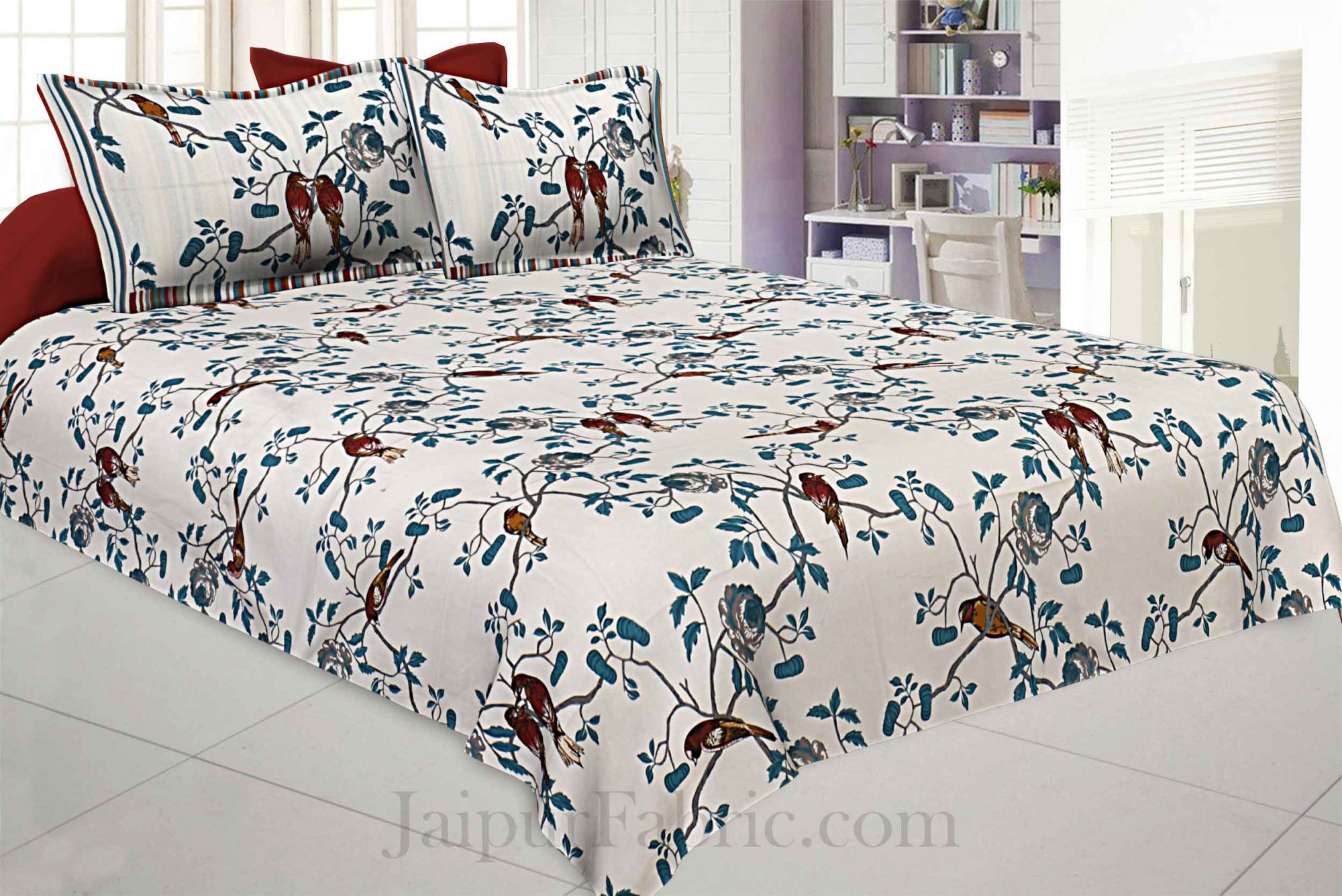Love Birds White Pure Cotton King Size Bedsheet