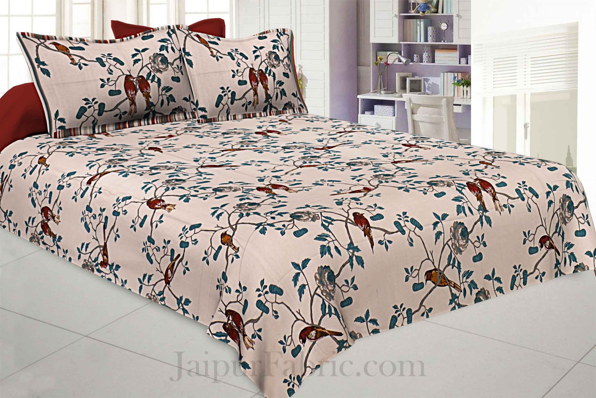 Love Birds Off White Pure Cotton King Size Bedsheet