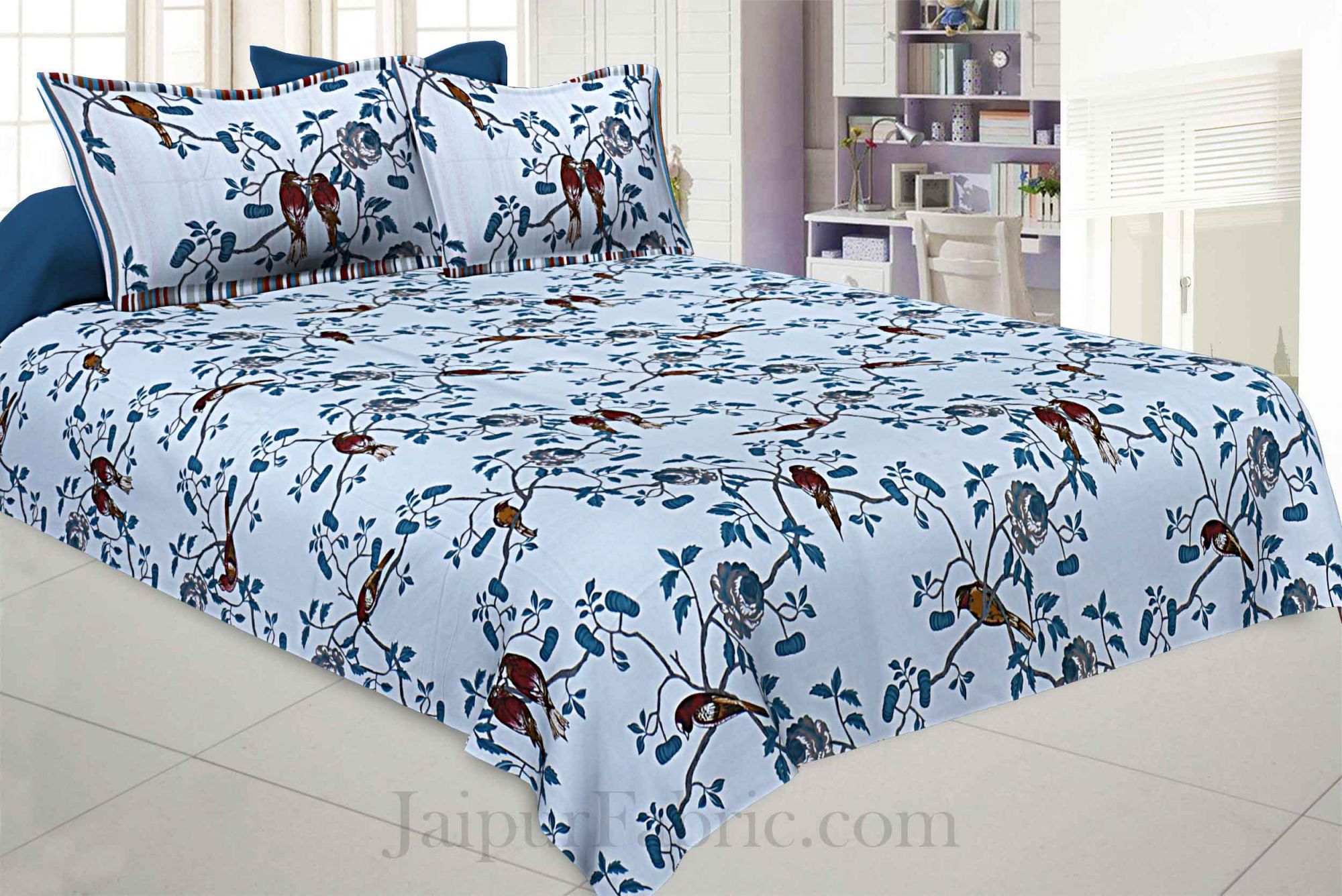 Love Birds Blue Pure Cotton King Size Bedsheet