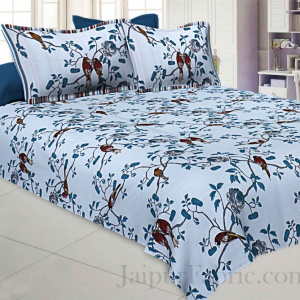 Love Birds Blue Pure Cotton King Size Bedsheet