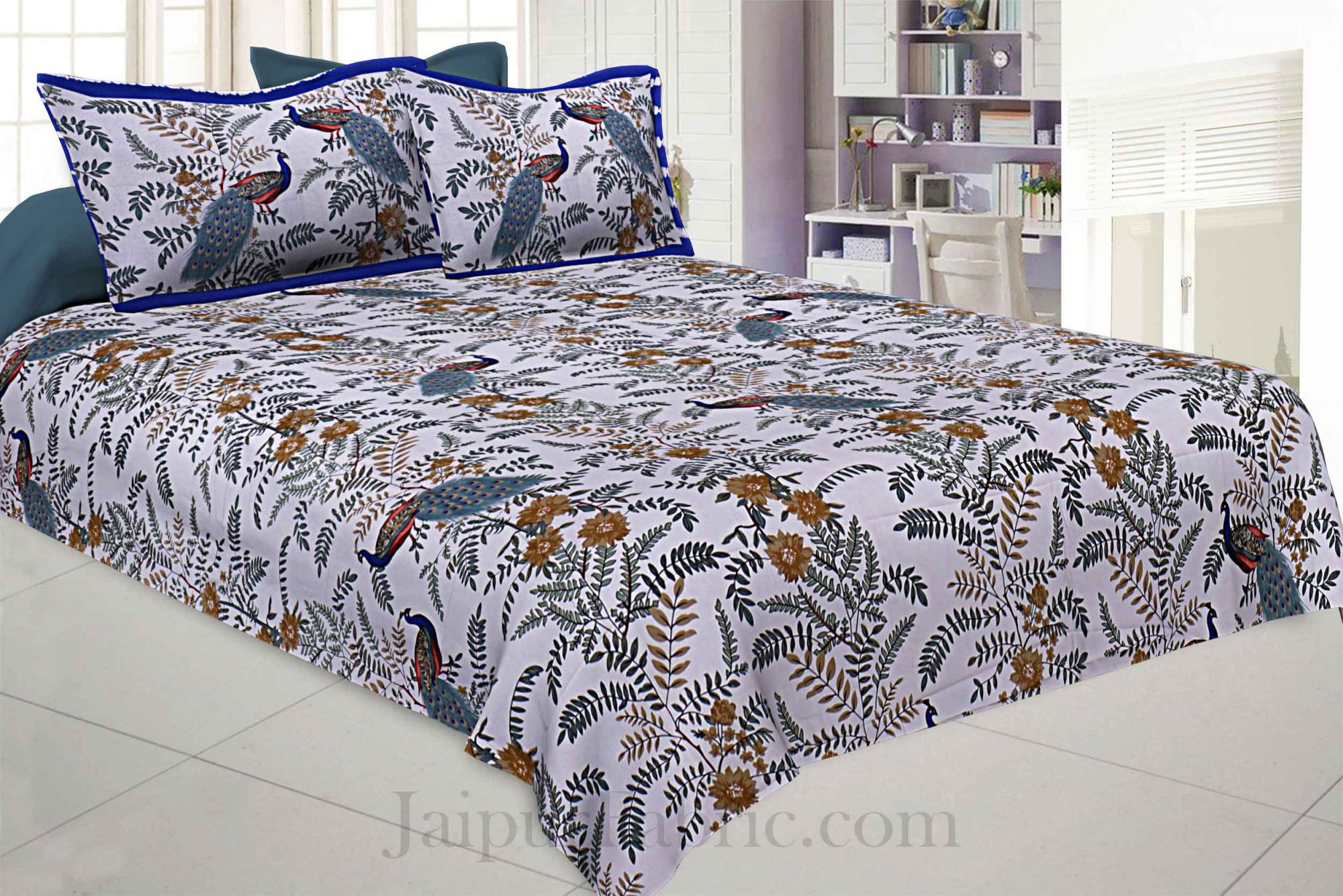 Beautiful Peacocks Grey Pure Cotton King Size Bedsheet