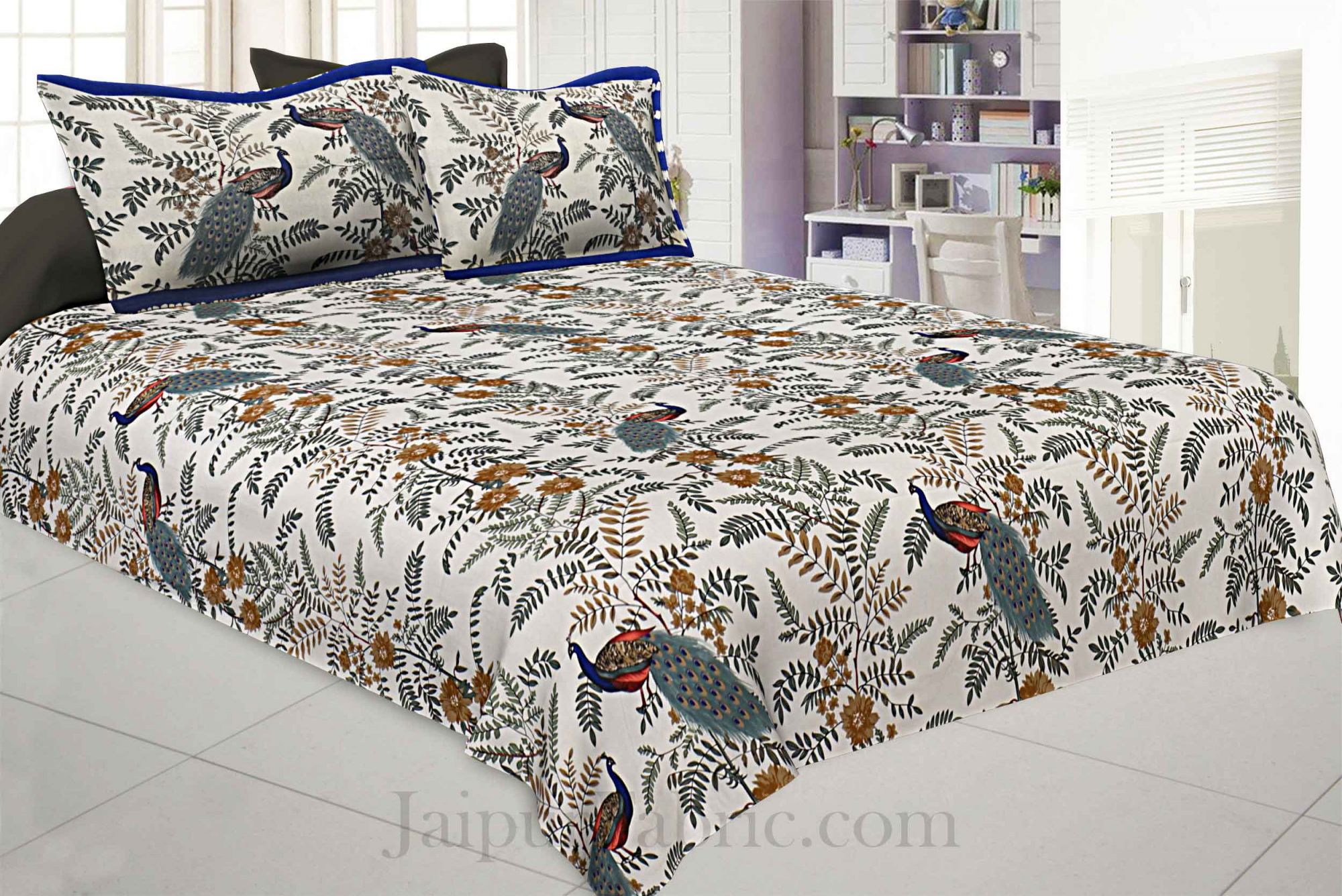 Beautiful Peacocks Off White Pure Cotton King Size Bedsheet
