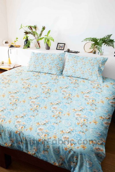 Miniflora Blue King Size Bedsheet With 2 Pillow Covers