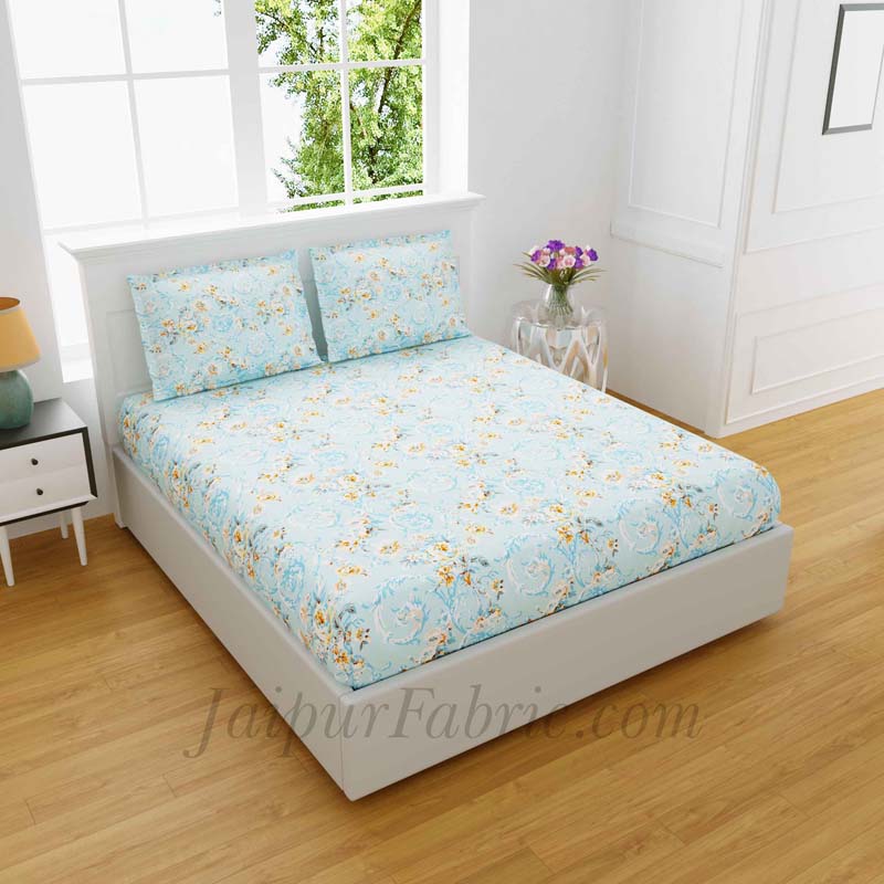 Miniflora Blue King Size Bedsheet With 2 Pillow Covers