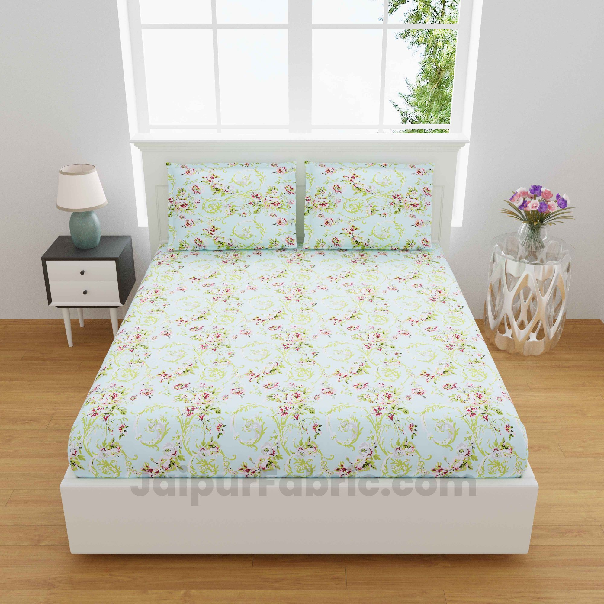 Miniflora Green King Size Bedsheet With 2 Pillow Covers