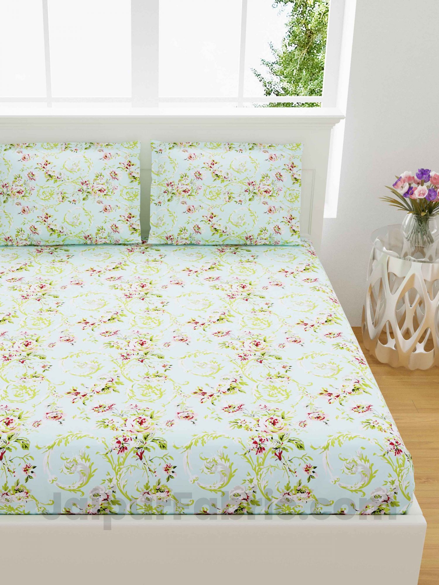 Miniflora Green King Size Bedsheet With 2 Pillow Covers