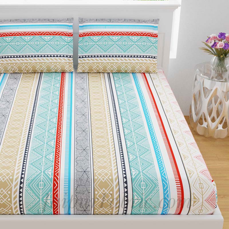 Isle Pattern Blue Multicolored King Size Bedsheet With 2 Pillow Covers