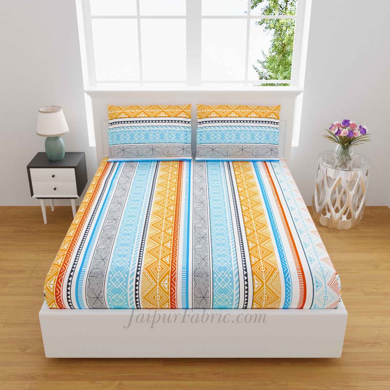 Isle Pattern Yellow Multicolored King Size Bedsheet With 2 Pillow Covers