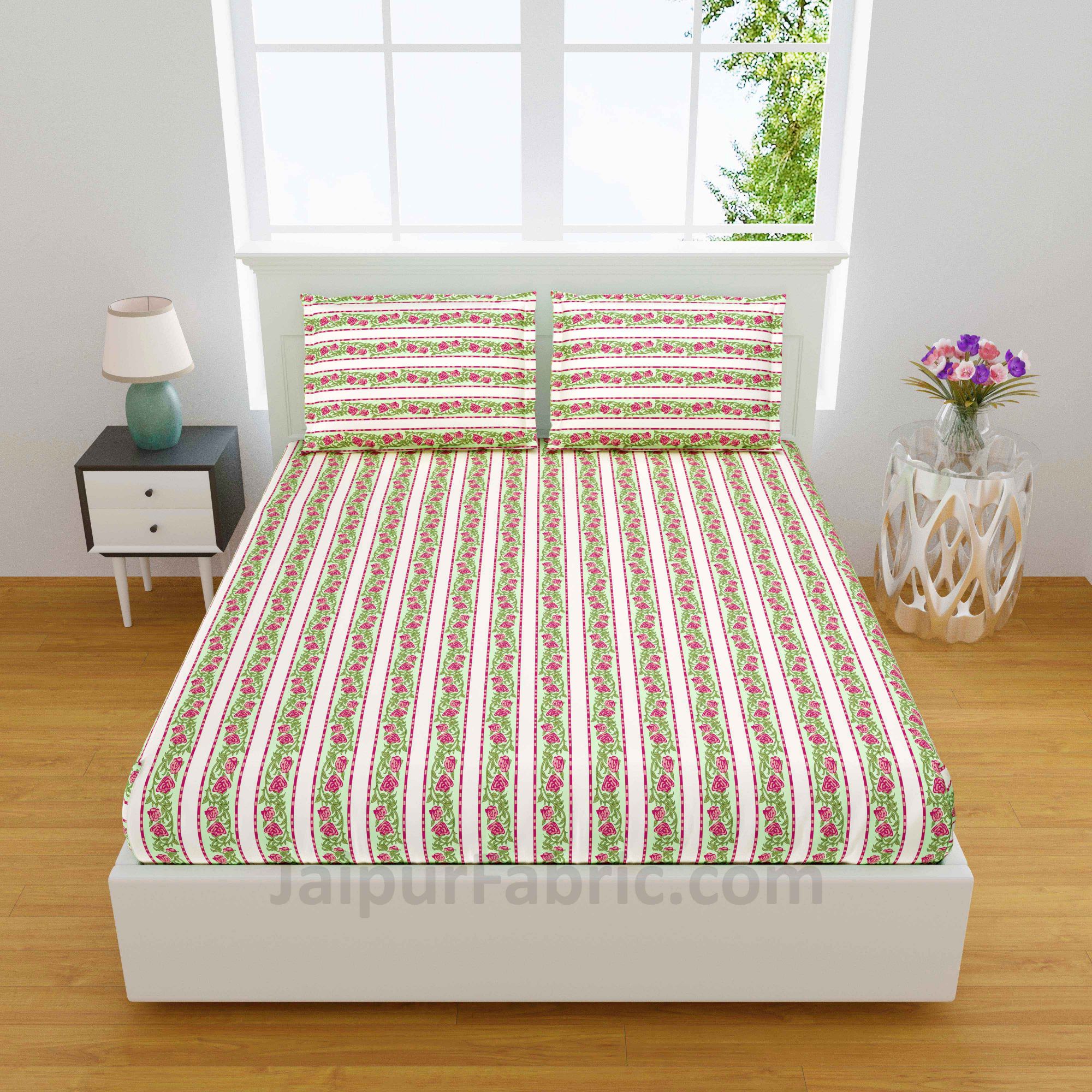 Stripes Cherry Green Boota Block Print Pure Cotton King Size Double BedSheet