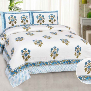 Blue Rajasthan Royal Super Fine Cotton Block Print King Size Bedsheet