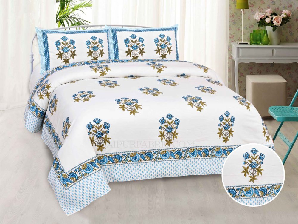 Blue Rajasthan Royal Super Fine Cotton Block Print King Size Bedsheet