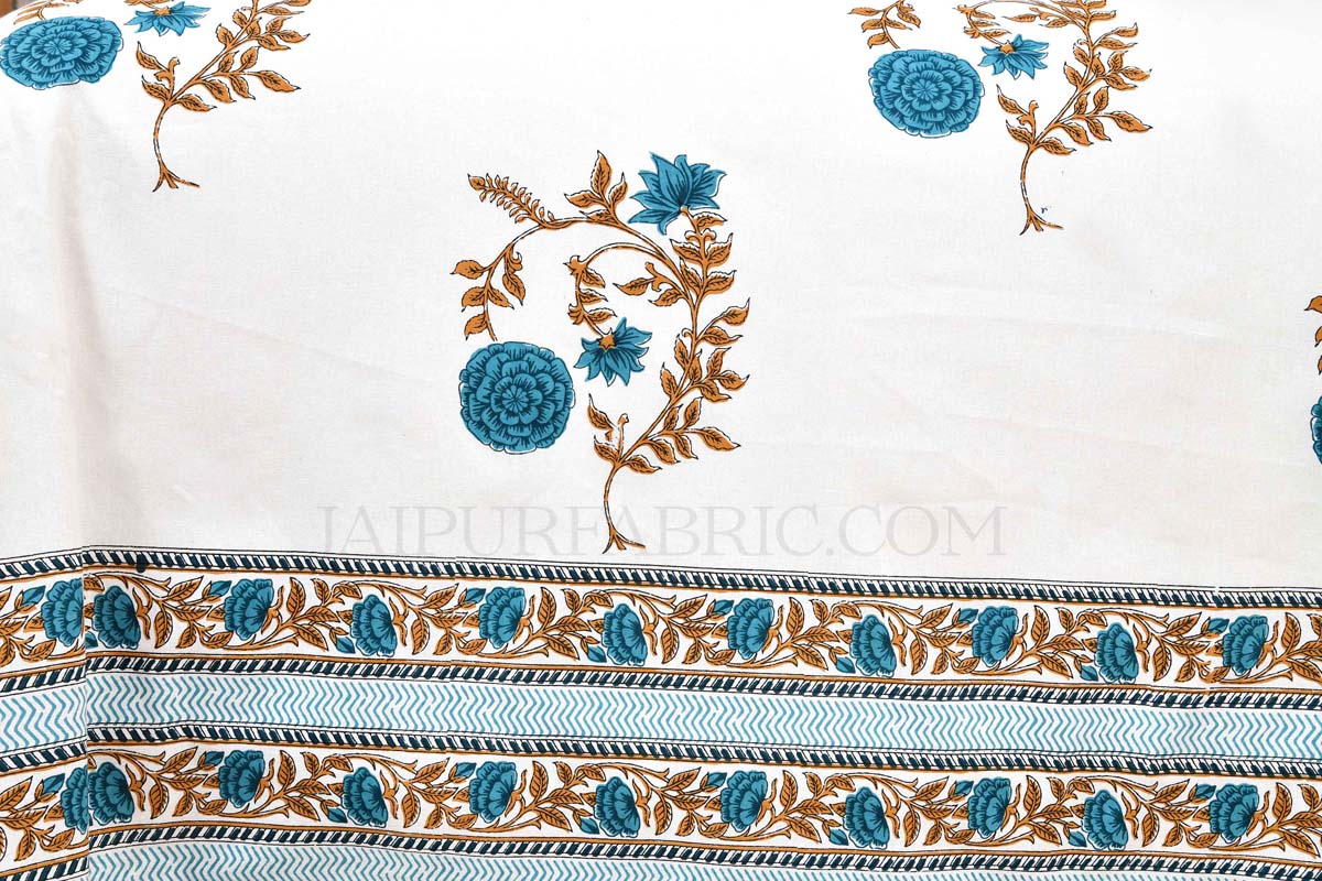 Arctic Blue Cherry blossom Super Fine Cotton Block Print King Size Bedsheet