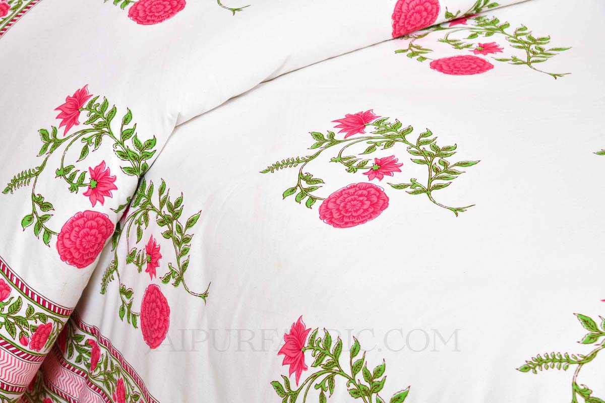 Rani Pink Cherry blossom Super Fine Cotton Block Print King Size Bedsheet