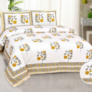 Mustard Yellow Cherry blossom Super Fine Cotton Block Print King Size Bedsheet