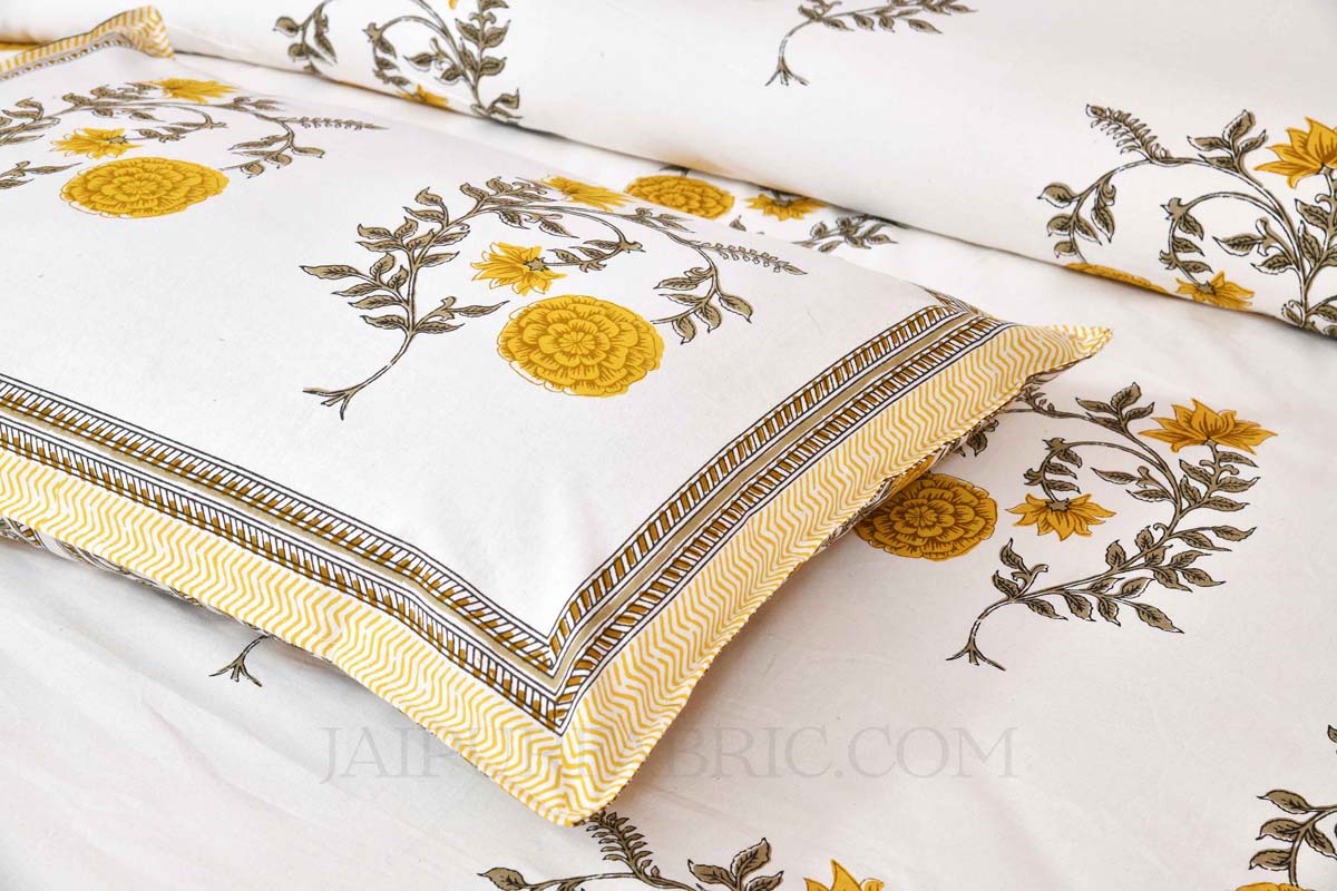 Mustard Yellow Cherry blossom Super Fine Cotton Block Print King Size Bedsheet