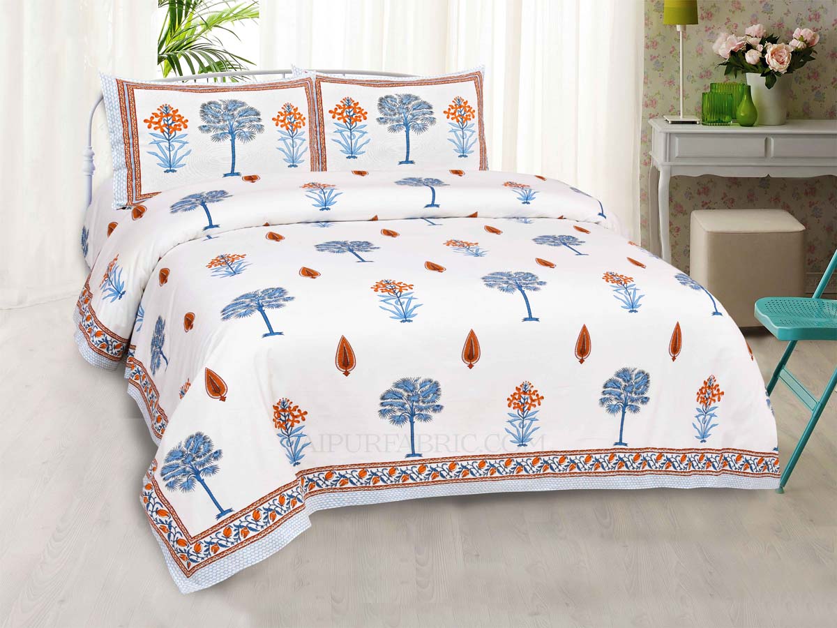 Blue Palm Tree  Super Fine Cotton Block Print King Size Bedsheet