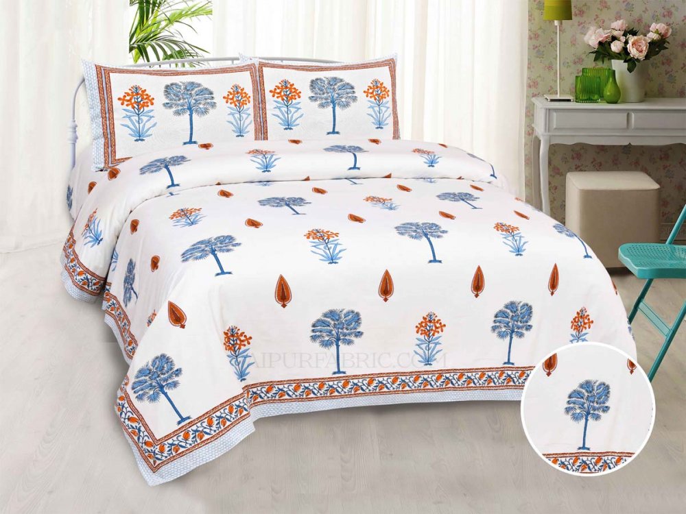 Blue Palm Tree  Super Fine Cotton Block Print King Size Bedsheet