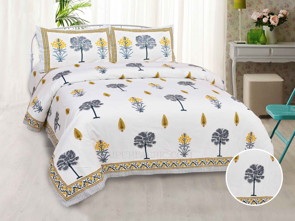 Golden Palm Tree Super Fine Cotton Block Print King Size Bedsheet