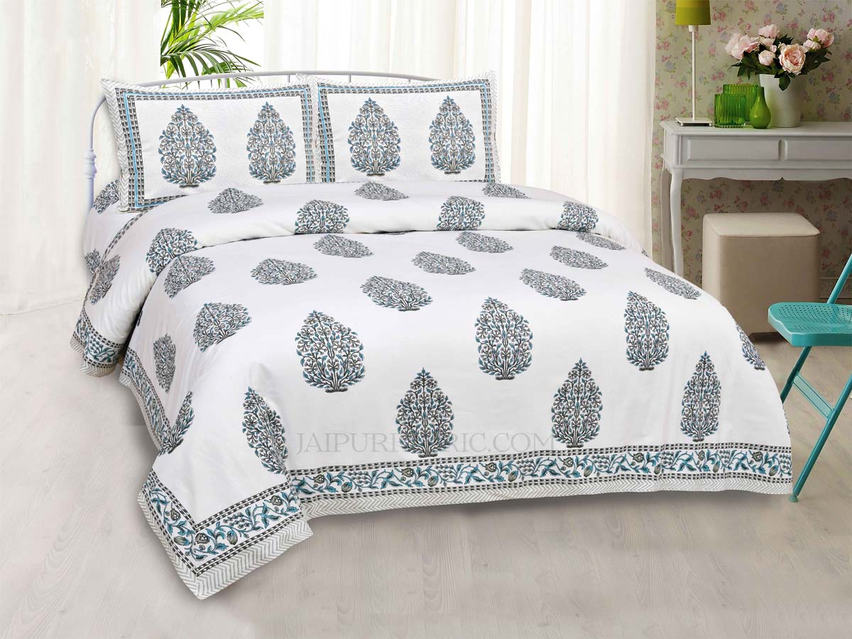 Blue  Mughal Jaal Super Fine Cotton Block Print King Size Bedsheet