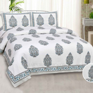 Blue  Mughal Jaal Super Fine Cotton Block Print King Size Bedsheet