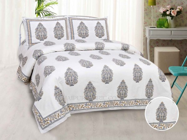 Grey Mughal Jaal Super Fine Cotton Floral Block Print King Size Bedsheet