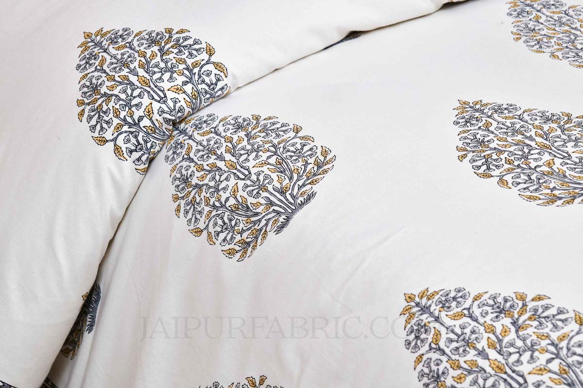 Grey Mughal Jaal Super Fine Cotton Floral Block Print King Size Bedsheet