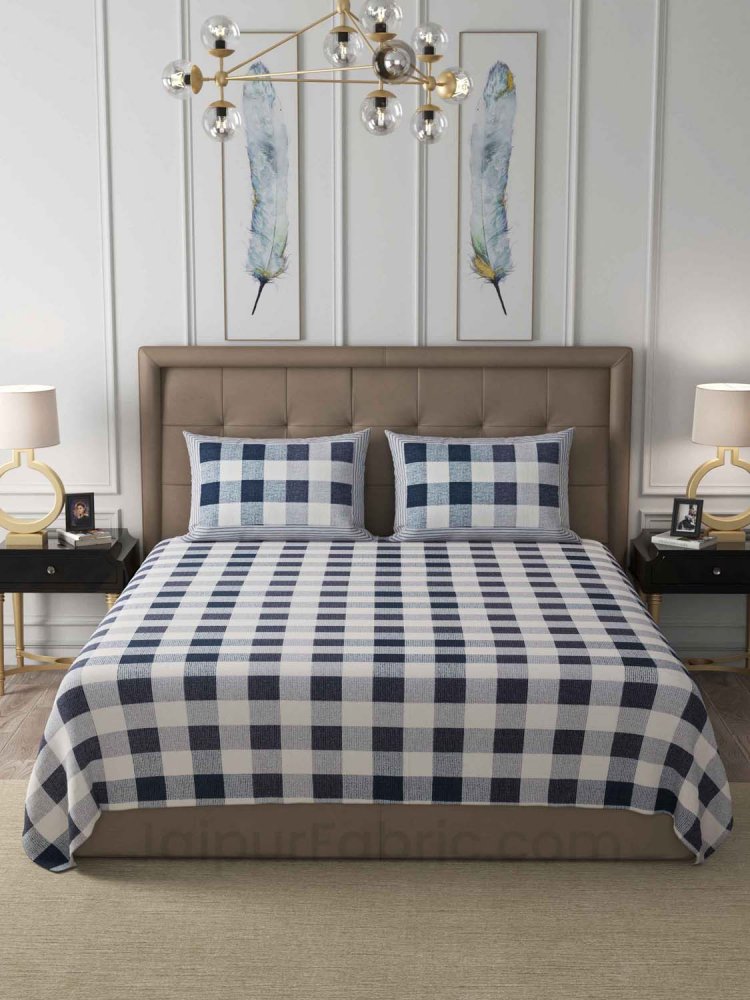 Checkered Grey Cotton King Size King Size Double Bedsheet