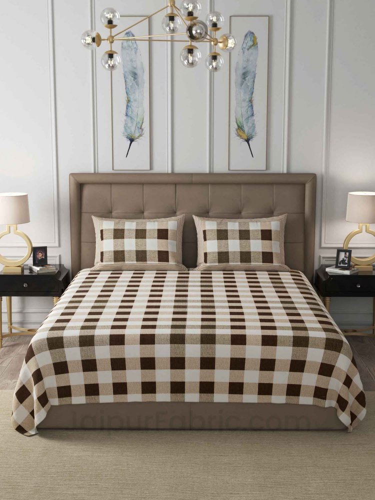 Checkered Brown Cotton King Size Double Bedsheet