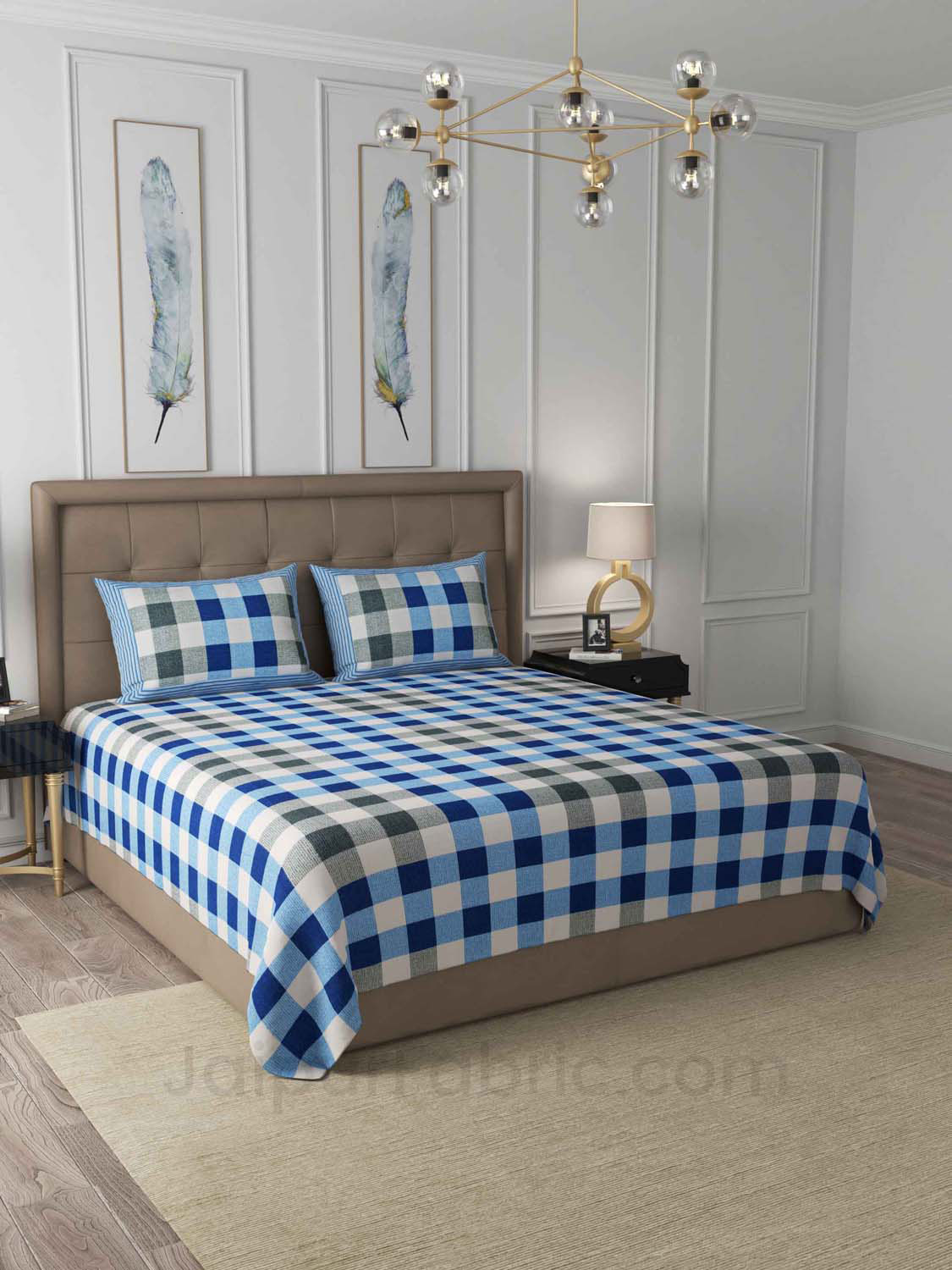 Checkered Blue Cotton King Size Double Bedsheet