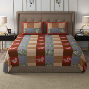 Square Red Brown Floral Cotton King Size Double Bedsheet