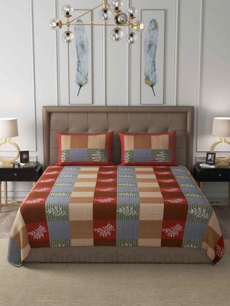 Square Red Brown Floral Cotton King Size Double Bedsheet