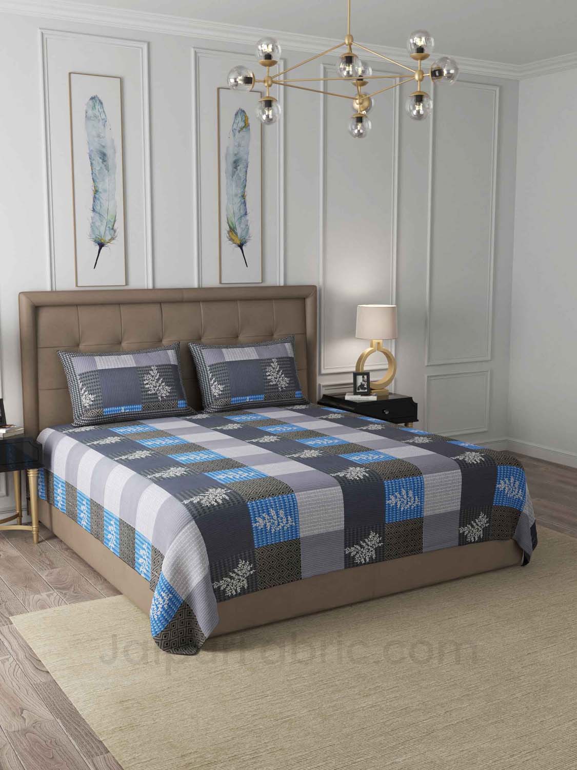Square Grey Blue Floral Cotton King Size Double Bedsheet