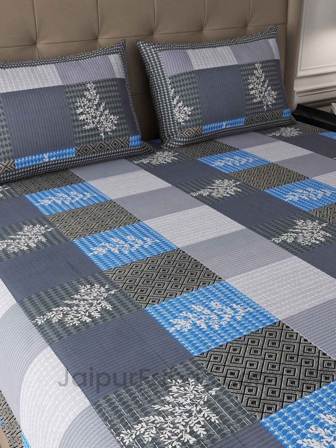Square Grey Blue Floral Cotton King Size Double Bedsheet