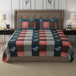 Square Green Peach Checkered Floral Cotton King Size Double Bedsheet